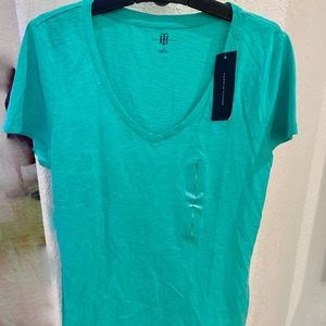 NWT TOMMY HILFIGER Heathered Biscay Green V-Neck t-shirt top size Large